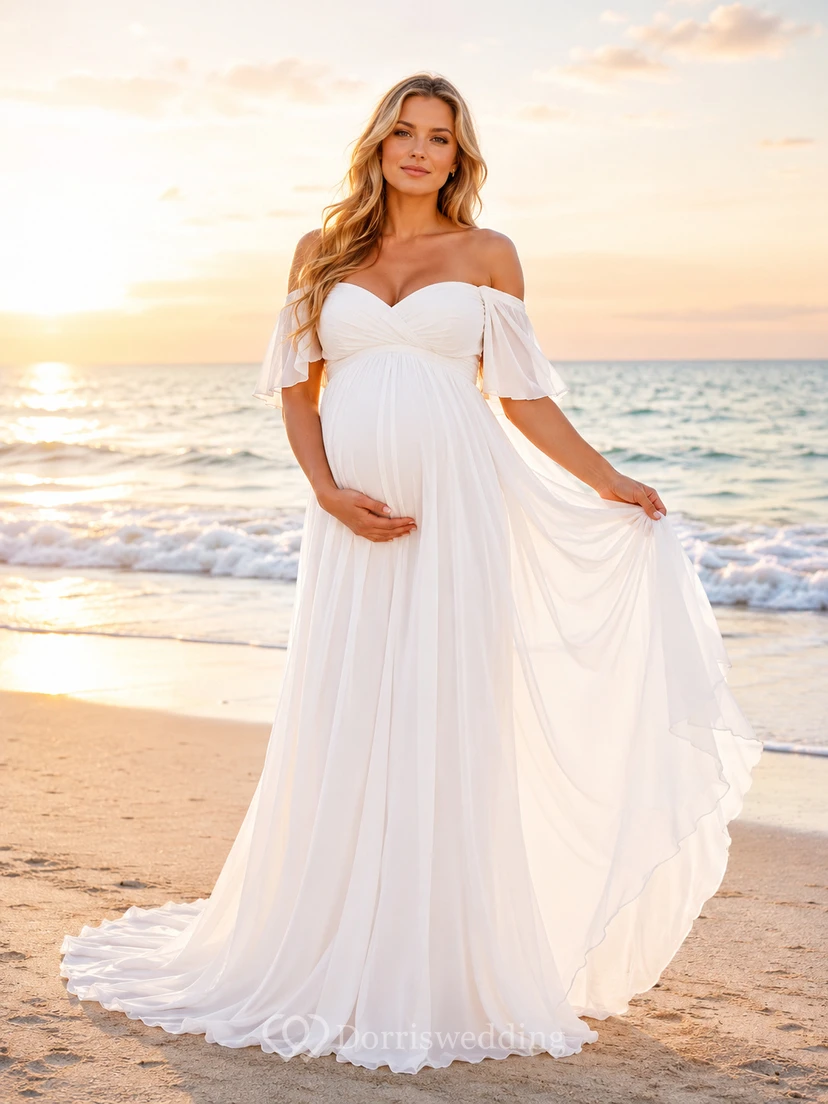 Fließendes schulterfreies Chiffon-Strandkleid für Schwangerschaftsfotoshootings