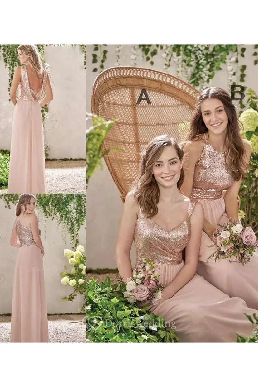 Neckholder-Brautjungfernkleid aus Chiffon mit Pailletten, A-Linie, bodenlang, ärmellos, mit V-Ausschnitt und Reißverschluss am Rücken view 5