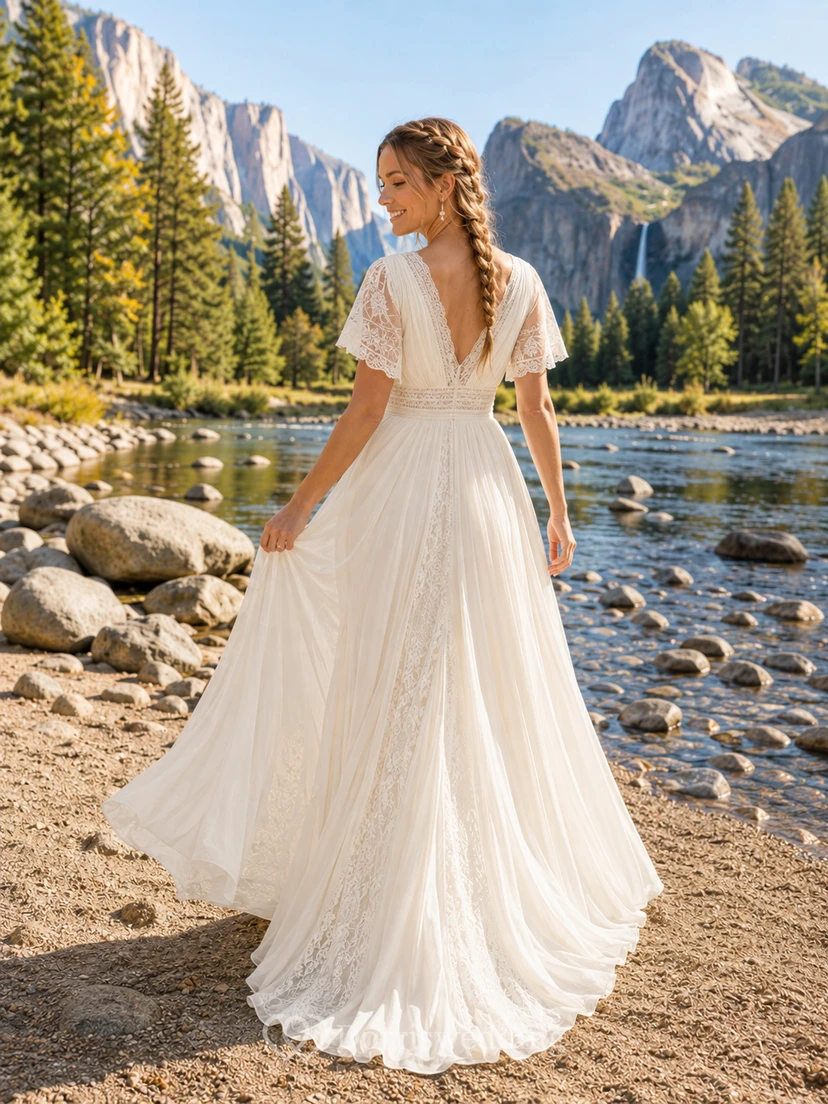 Robe de mariée Riverside en mousseline de soie à manches pétales, col en V, coupe trapèze, traîne, en dentelle. view 2