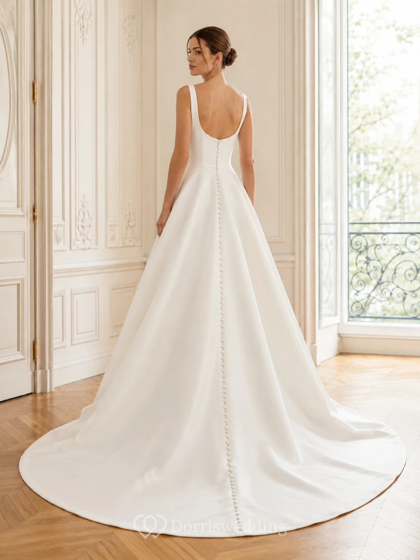 Robe de mariée minimaliste en satin naturel, col bénitier carré, sans manches, traîne cathédrale, style galerie. view 2