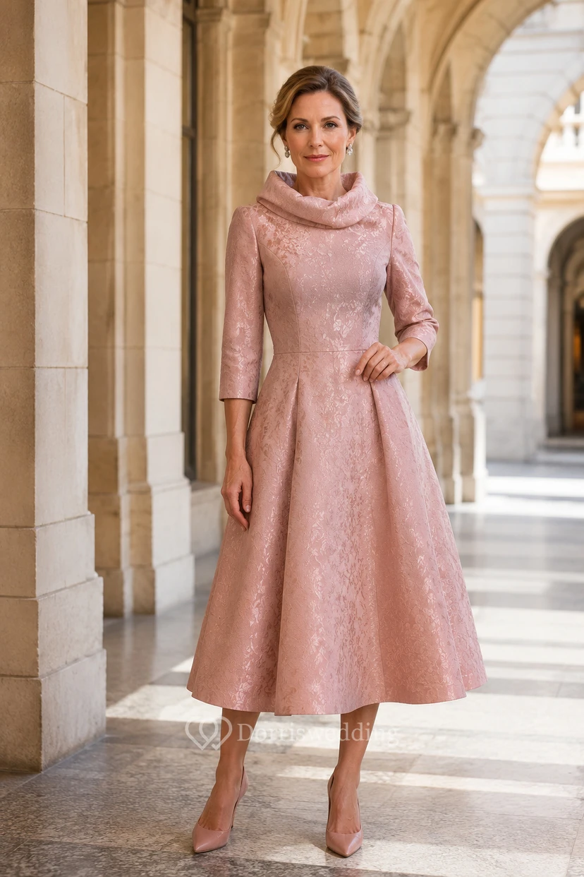 Robe de mariée en taffetas rose poudré et dentelle, coupe trapèze, manches 3/4, col bénitier, longueur thé, plissée