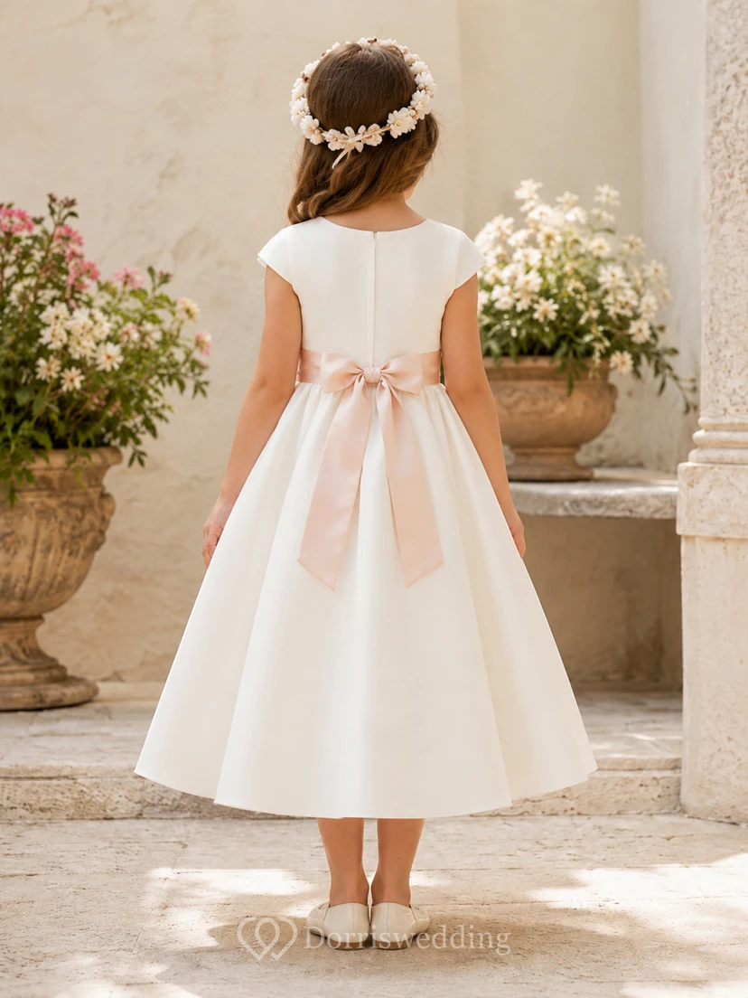 Vestido de niña de flores de satén color marfil con corte en A, manga corta tipo casquillo, escote joya y falda a la altura de la rodilla con detalles de lazo. view 2