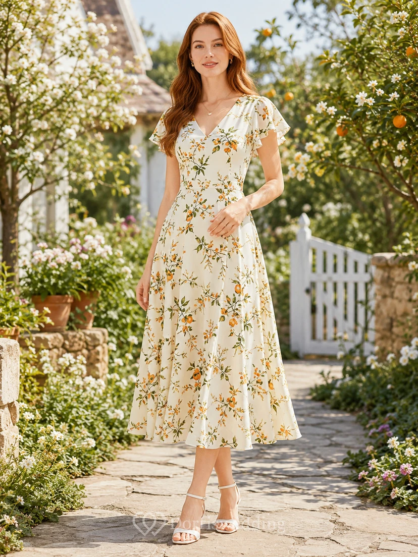 Orange Blossom Print V-Neck Flutter Sleeve Tea Dress