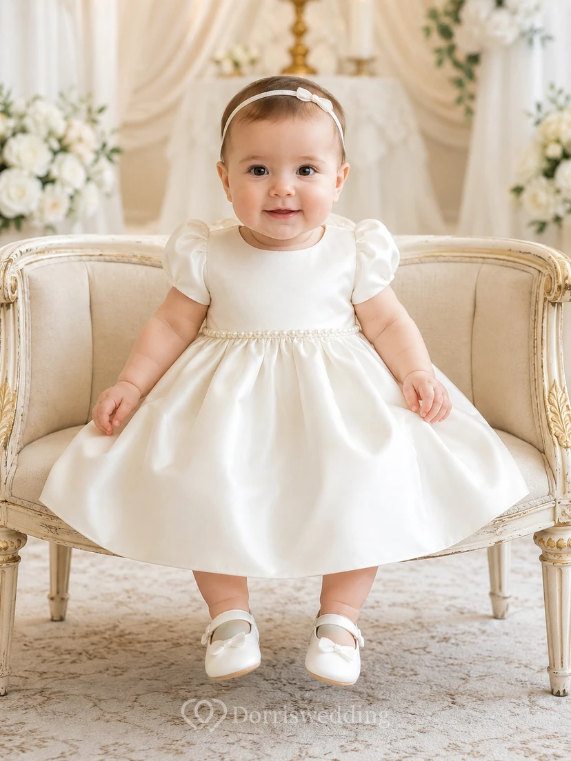Short Sleeve Baptism Dress A-Line Satin Jewel Neck Bow Sash Knee-Length