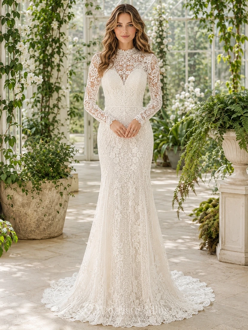 Vestido de novia bohemio de encaje con cuello alto, manga larga y cola de sirena.