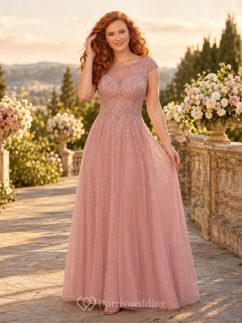 Dusty Rose Cap Sleeve Beaded Tulle Formal Dress