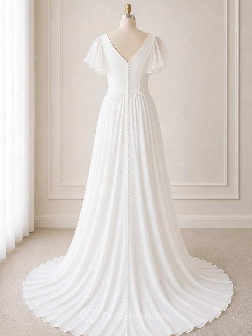 Robe de mariée décontractée en mousseline de soie, coupe trapèze, longueur au sol, traîne brossée, manches courtes et volants, col en V. view 8