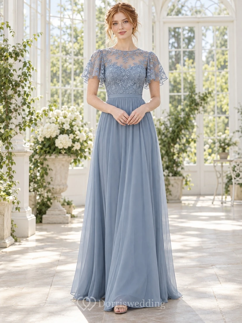 Robe de demoiselle d'honneur en mousseline de soie et dentelle bleu acier, col illusion et manches papillon, style western