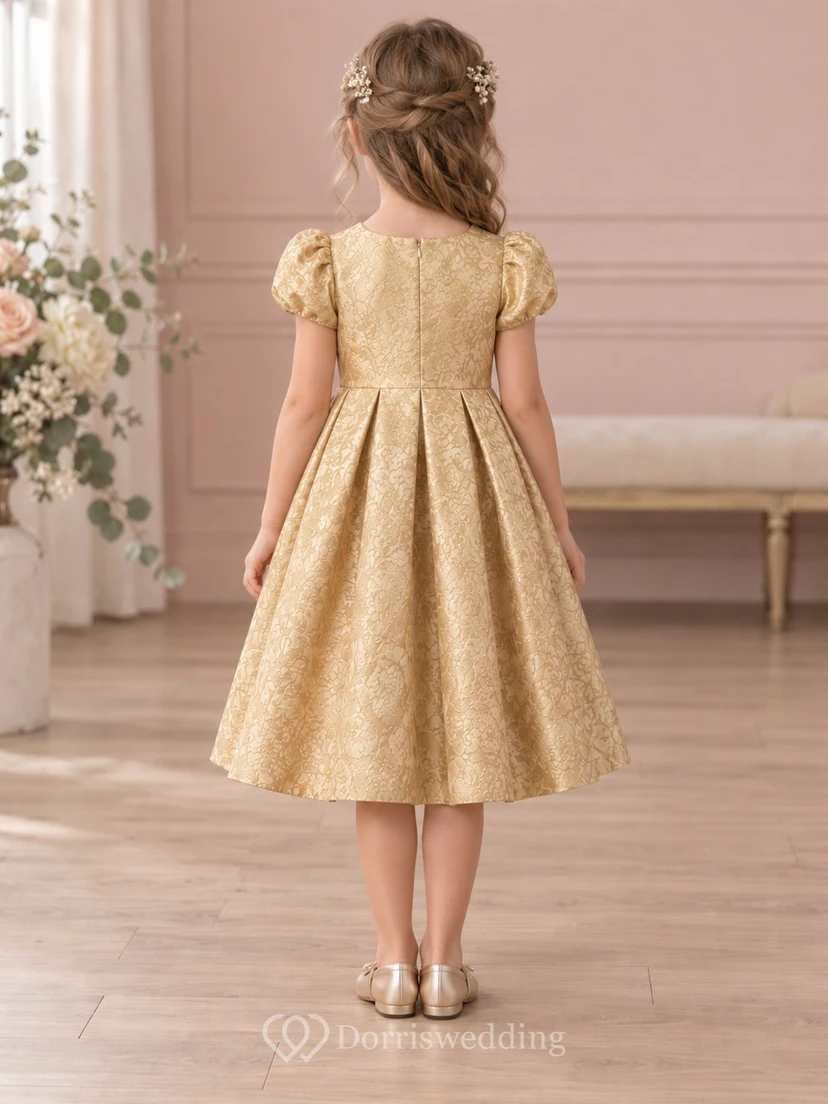 Tea-length Gold Jewel Puff-sleeve Floral Unbanded Box-pleated Zipper-back Brocade Flower Girl Dress view 2