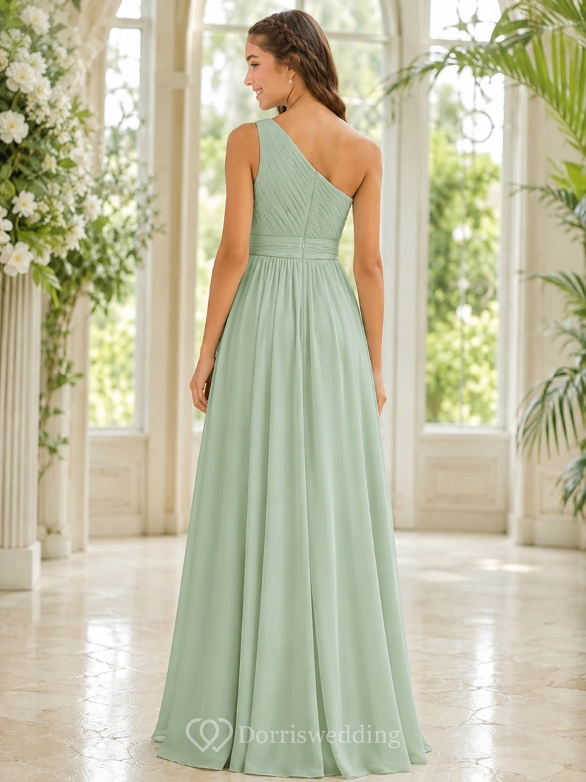 Elegantes junges Brautjungfernkleid in Celadon-Tönen, A-Linie, One-Shoulder, ärmellos, aus Chiffon view 2