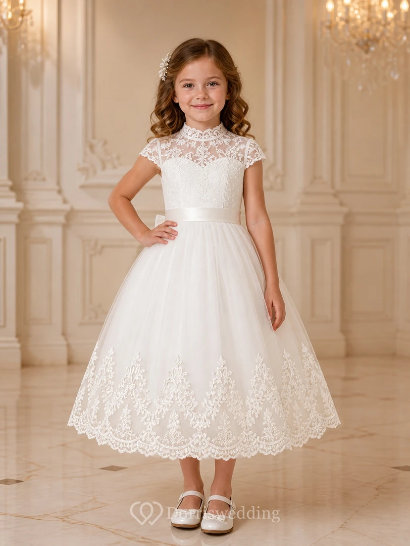 White Tea-length A-Line High Neck Cap Sleeve Tulle Flowergirl Dress