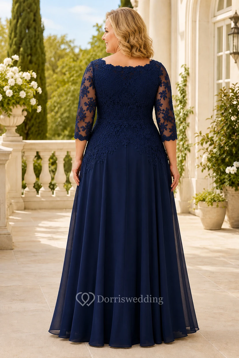 Dunkelblaues Chiffon-Kleid in A-Linie mit Spitzenärmeln in Übergröße – perfekt für Mütter view 2