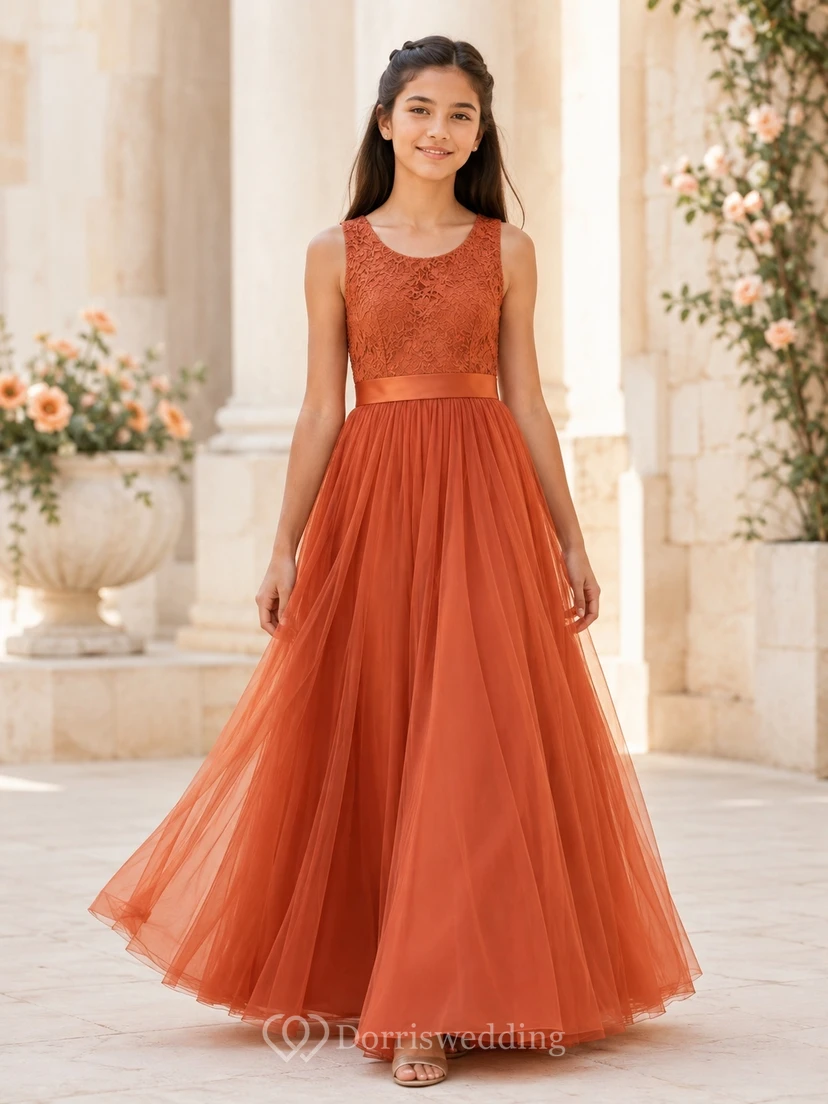 Modernes orangefarbenes ärmelloses A-Linien-Brautjungfernkleid aus Spitze und Tüll mit Schmucksteinen, bodenlang