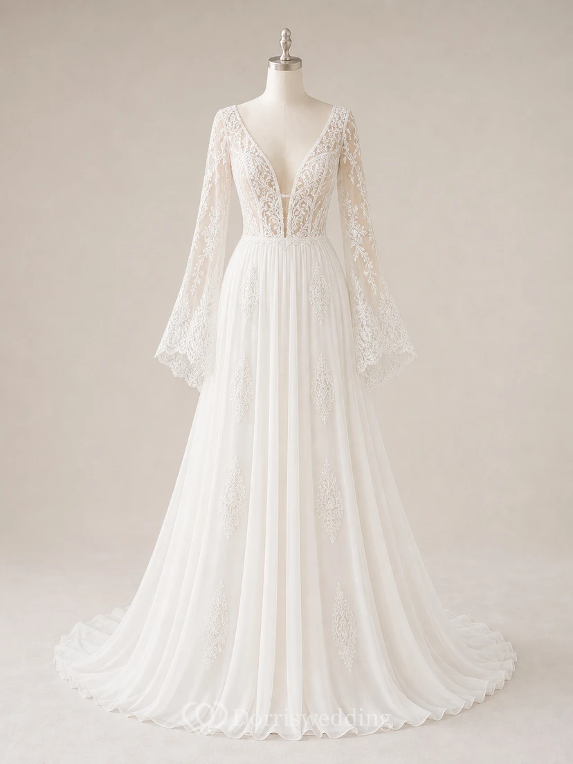 Bohemianisches A-Linien-Brautkleid aus Tüll, bodenlang, langärmelig, rückenfrei und gerafft view 7