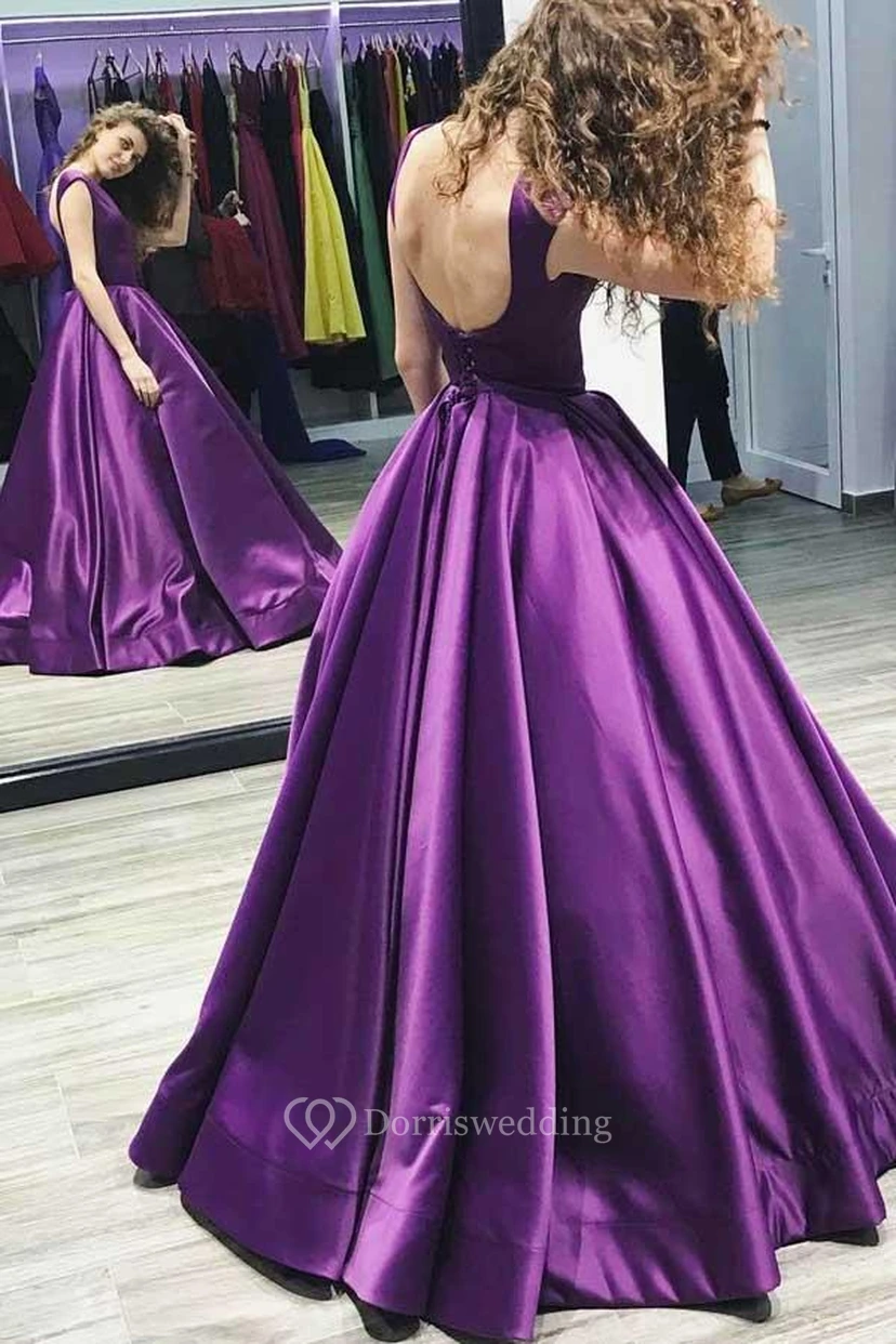 A-Line Satin Bateau Sleeveless Zipper Low-V Back Dress view 2