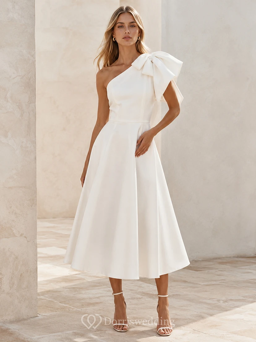 One shoulder bow pleated tea length courthouse wedding dress