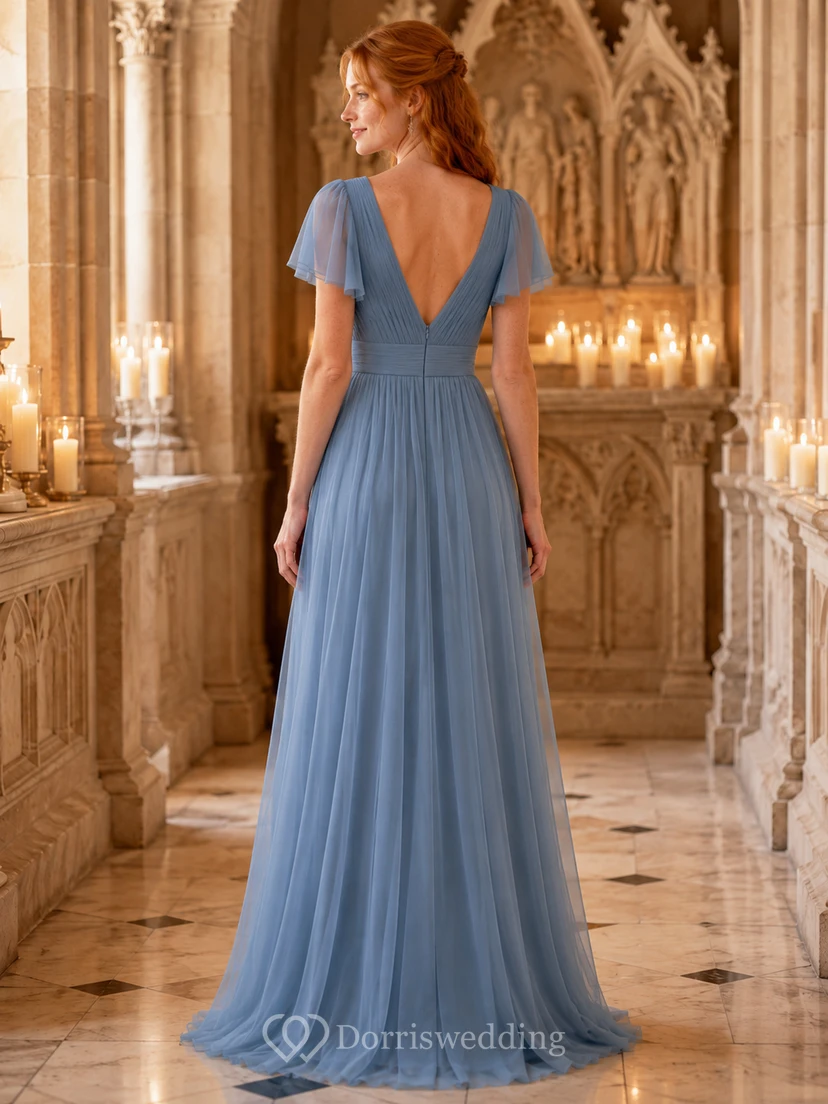 Cathedral Ceremony Formal Steel Blue Romantic Elegant A-Line Chiffon Bridesmaid Dress with V-Neck Short Sleeve Floor-Length Low Back view 2
