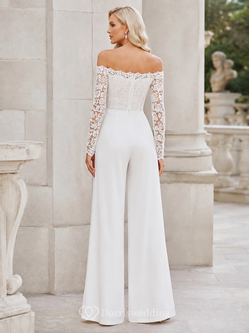 White Off-Shoulder Illusion Lace Long Sleeve Wide-Leg Formal Jumpsuit Elegant view 2