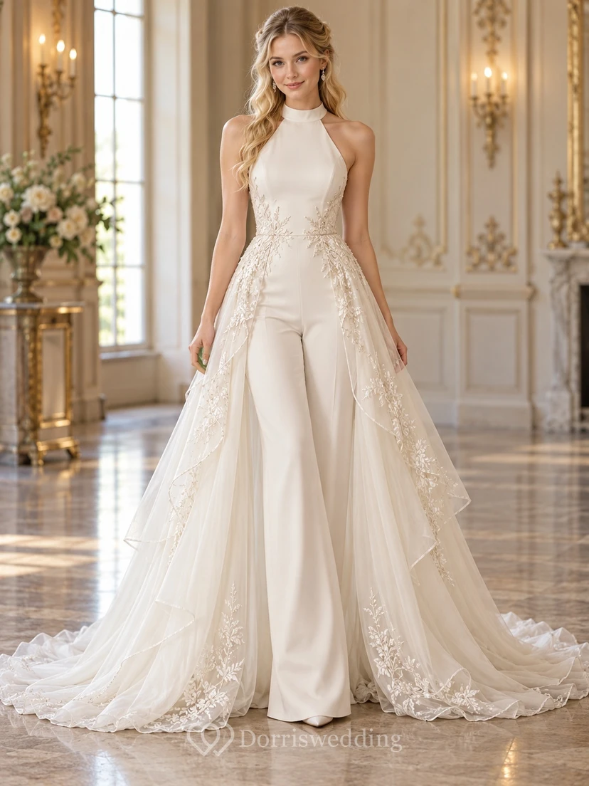 High Halter Floral Lace Wide Leg Overskirt Bridal Jumpsuit