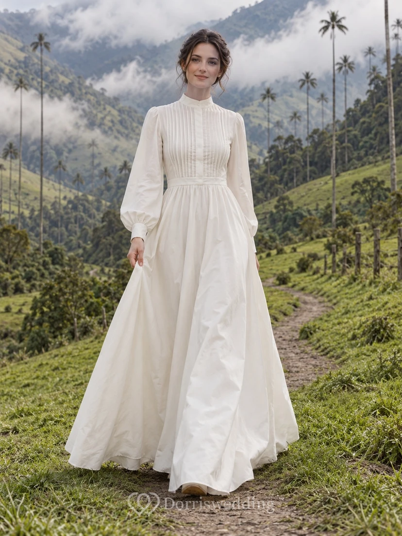 Vestido de novia de popelina de algodón de manga larga y cuello alto con pliegues y falda en línea A.