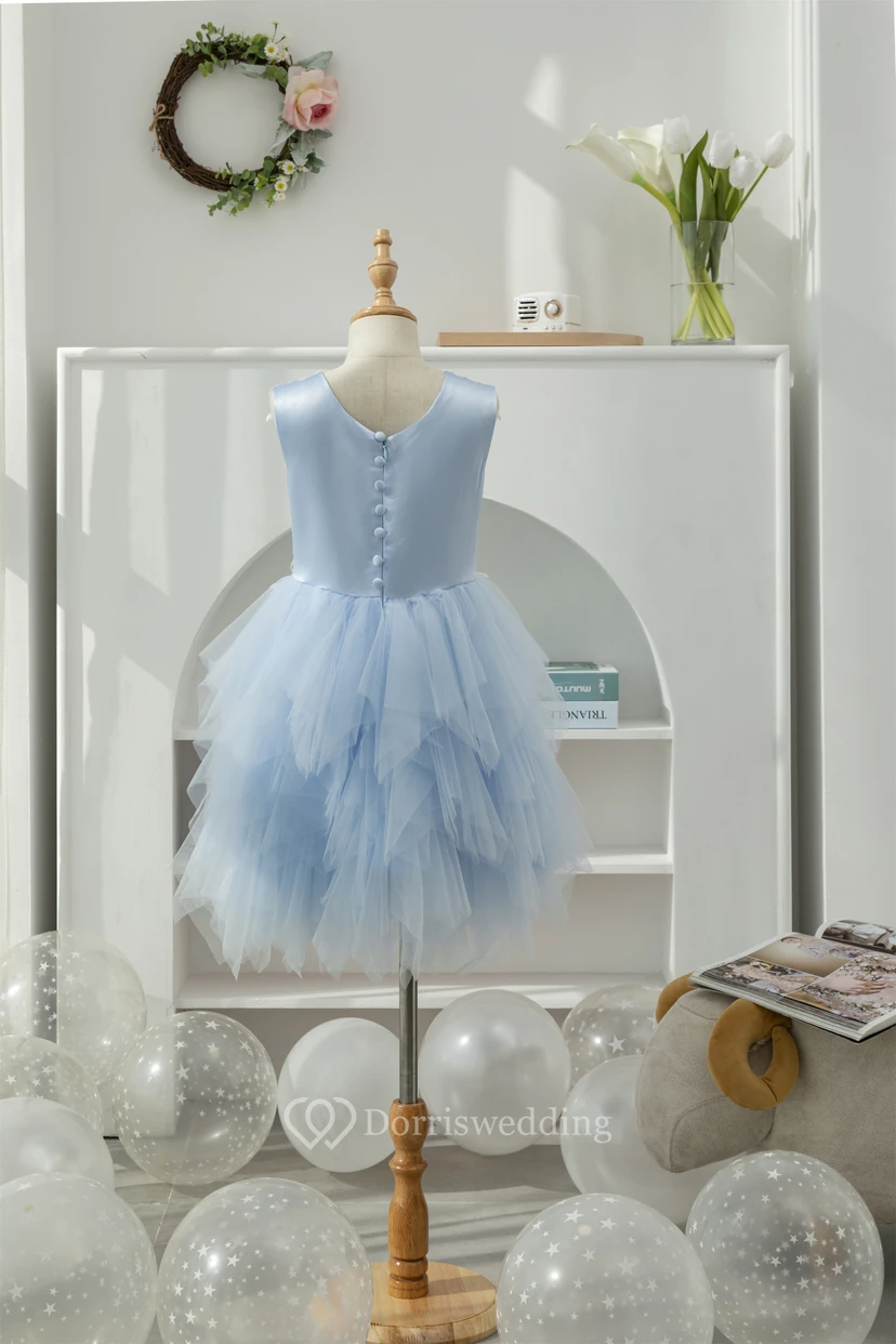 Sky Blue Scoop-neck Applique Ruffled Tulle Short Flowergirl Dress view 2