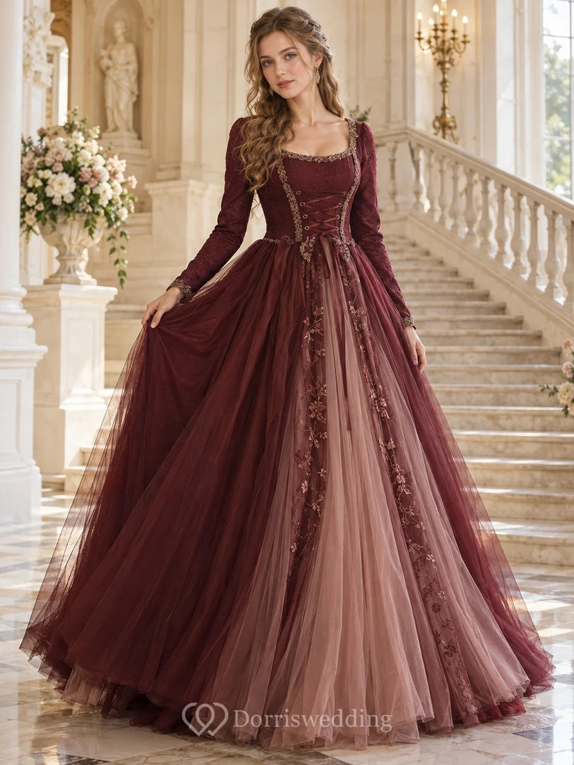 Robe de bal médiévale en tulle bordeaux à manches longues et col carré, corset en tulle, style corset, robe de bal.