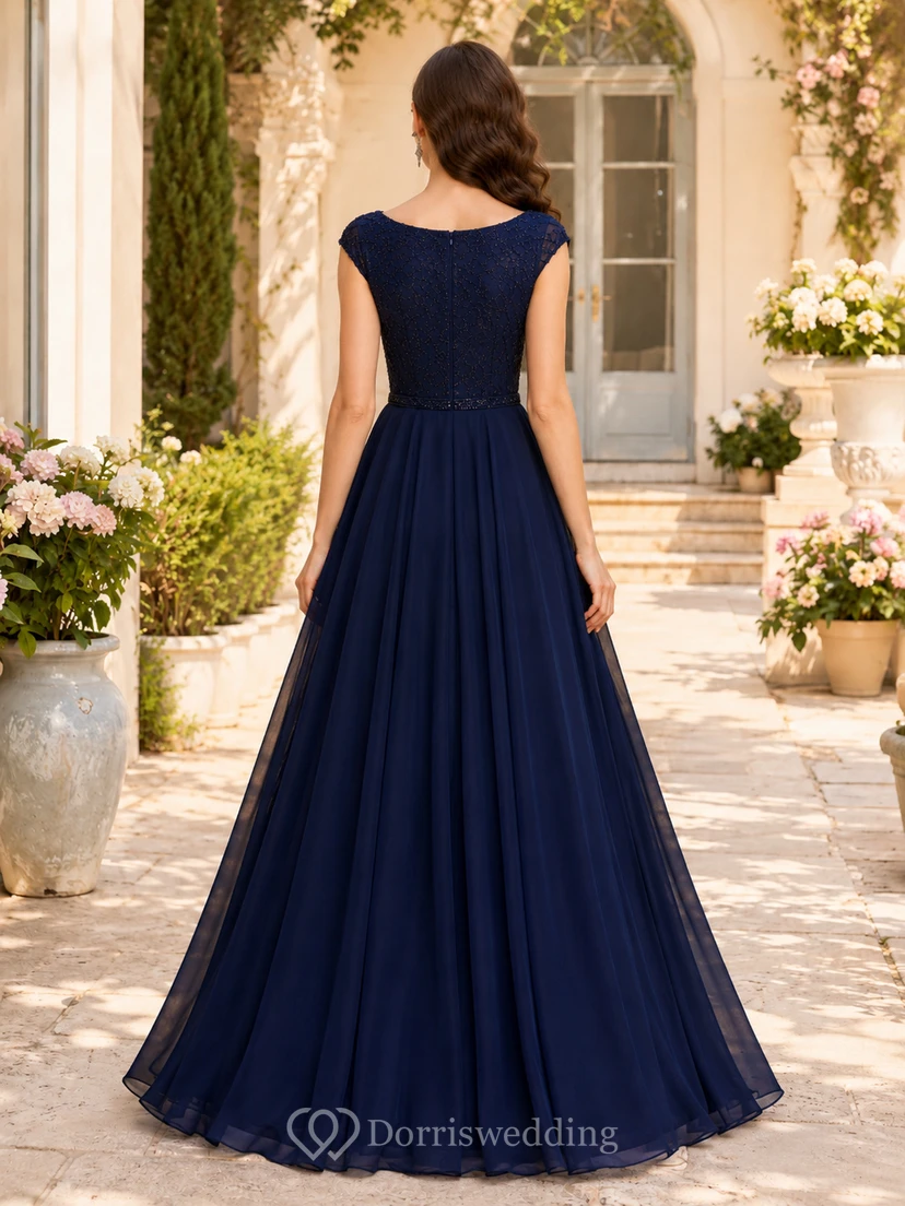 Luxury Dark Navy Lace Prom Ball Gown Floor Length Bateau Cap Sleeve Dress view 2