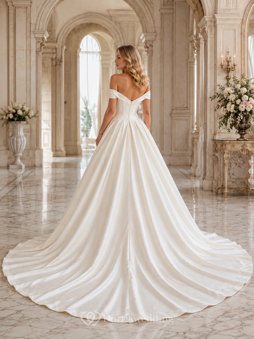 Robe de mariée en satin, robe de bal, épaules dénudées, manches courtes, traîne chapelle view 2
