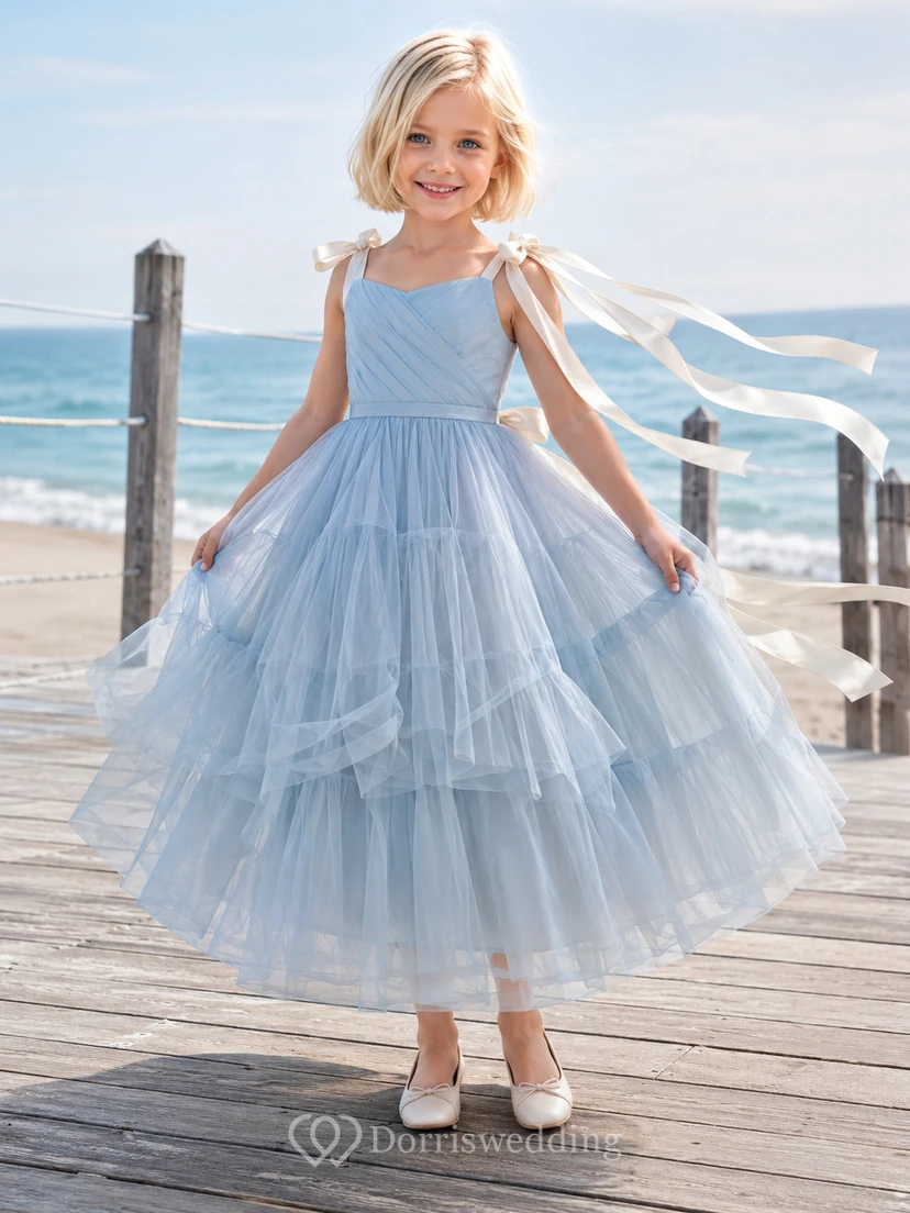 Blumenmädchenkleid, himmelblau, Tüll, A-Linie, Rundhalsausschnitt, Teelänge, Schleifendetail