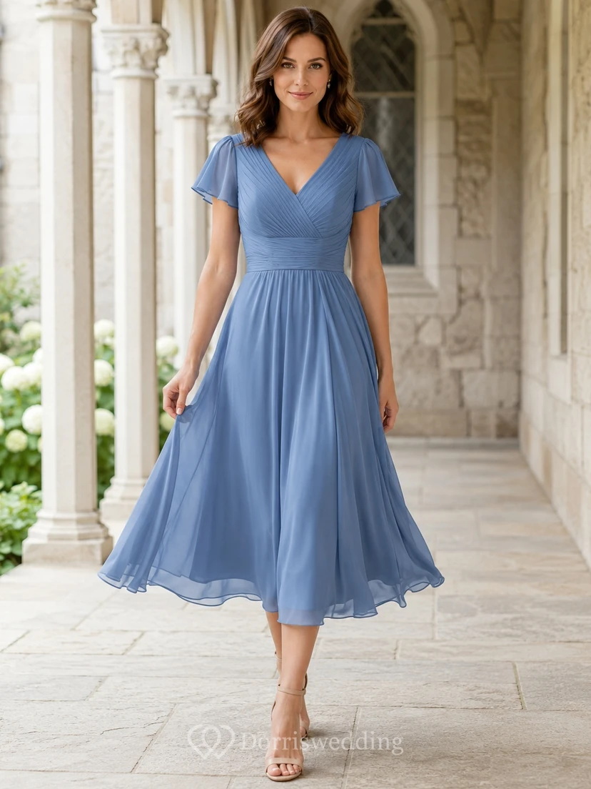 Robe mi-longue en mousseline bleu acier, col en V, manches papillon, coupe trapèze, longueur thé