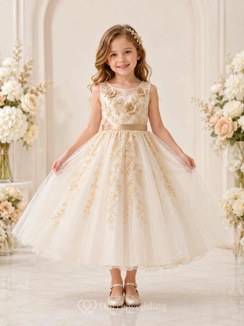 Champagne Gold Floral Tulle A-Line Flower Girl Party Dress with Sleeveless Appliques and Bow