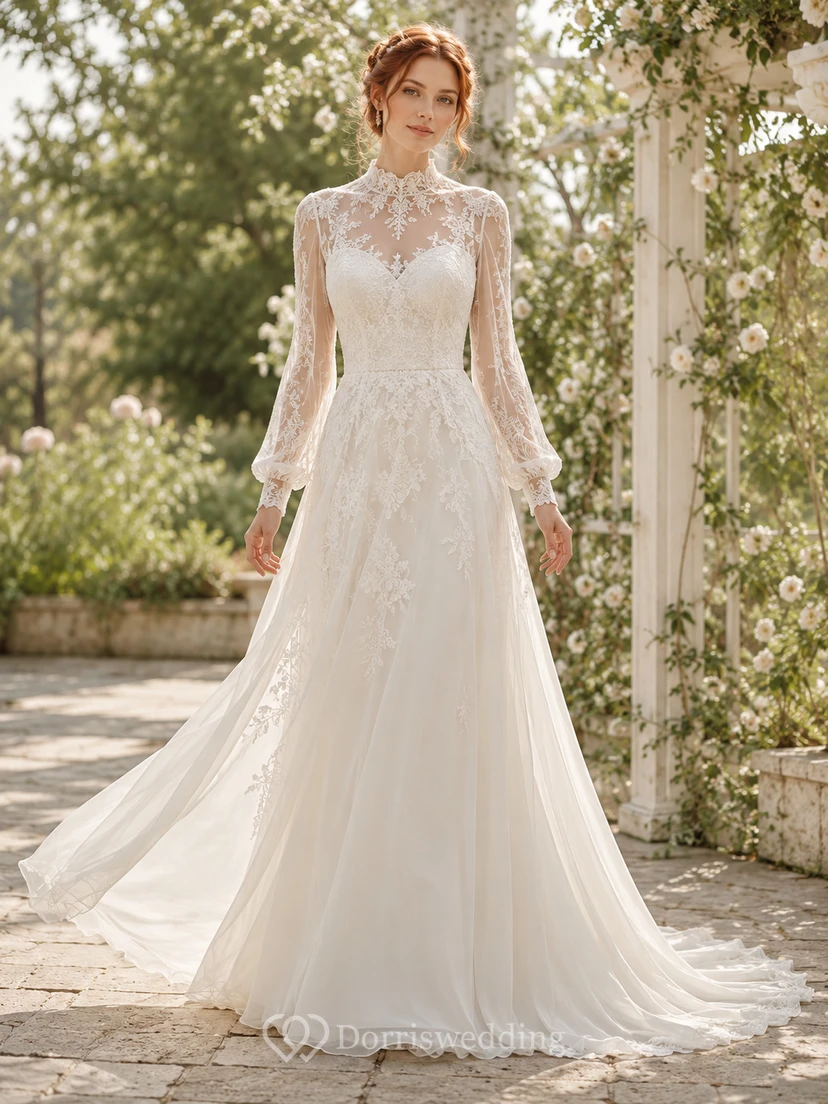 Robe de mariée champêtre en dentelle et tulle, col montant, manches longues, coupe trapèze, traîne chapelle, ornée d'appliqués floraux.