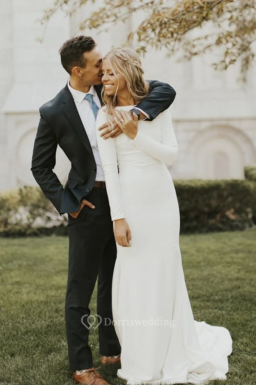 Modest Long Sleeve White Wedding Dress | Simple Formal Temple Lds Bridal Gown view 3