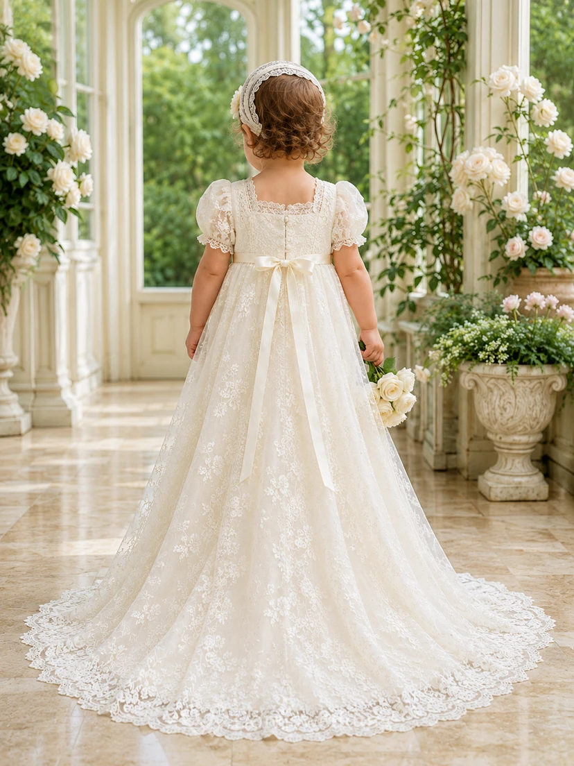 Vestido de lujo estilo reliquia para ceremonia de bautizo de bebé. Corte en A, largo hasta el suelo, cola larga, cuello alto, mangas cortas, encaje de tul, lazo en la espalda y botones en la espalda. view 2