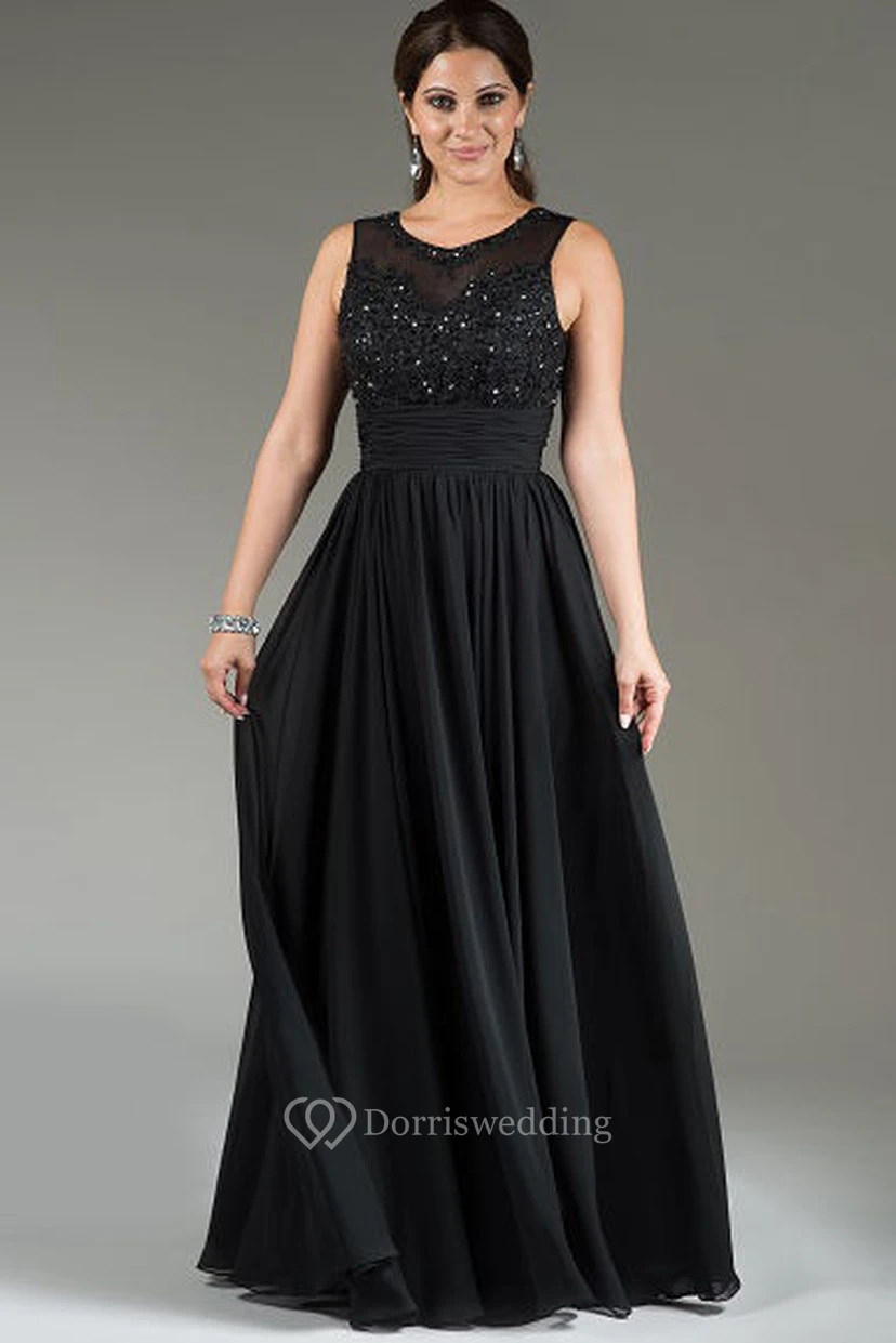 Scoop Neck Applique Top Chiffon Long Mother Of The Bride Dress With Crystal Details