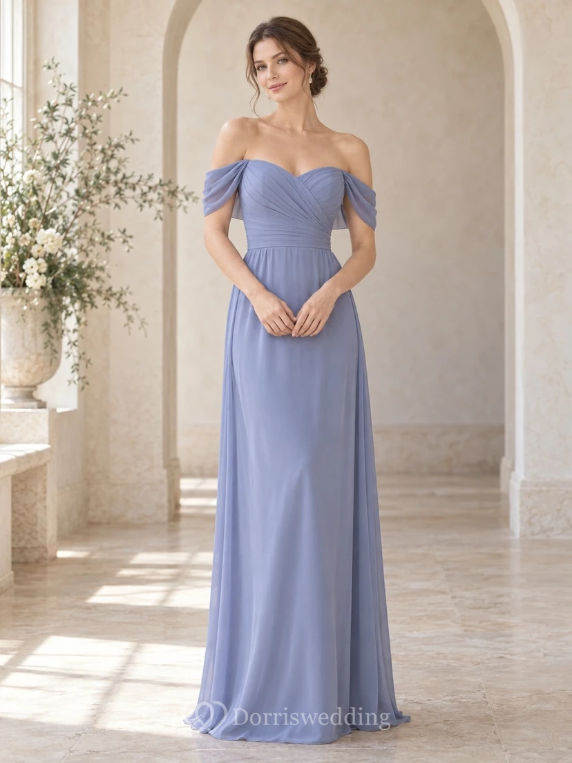 Romantisches periwinkelfarbenes Chiffon-Brautjungfernkleid mit schulterfreiem Ausschnitt und bodenlangem Oberteil