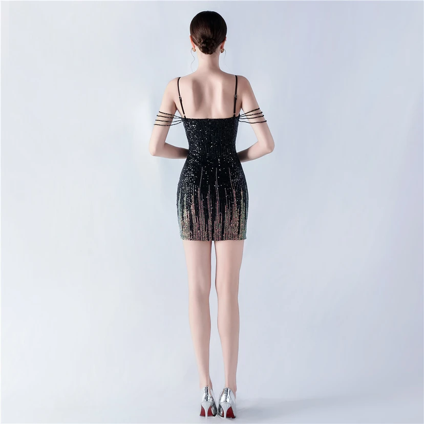 Robe courte à bretelles perlées, jupe courte sexy à nouer sur les hanches view 6