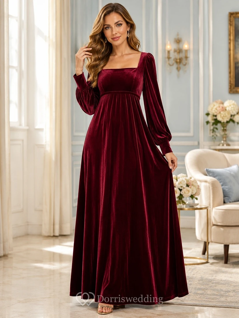 Burgundy Velvet Off-the-shoulder Long Sleeve A-Line Evening Gown