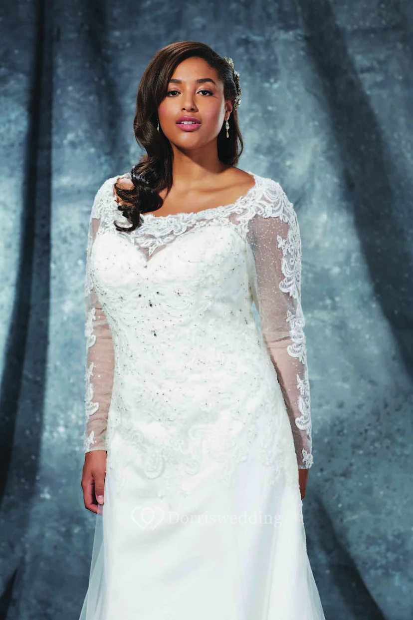 A-Line Floor-Length Bateau Neck Long Sleeve Lace Sweep Train Illusion Appliques Dress view 3