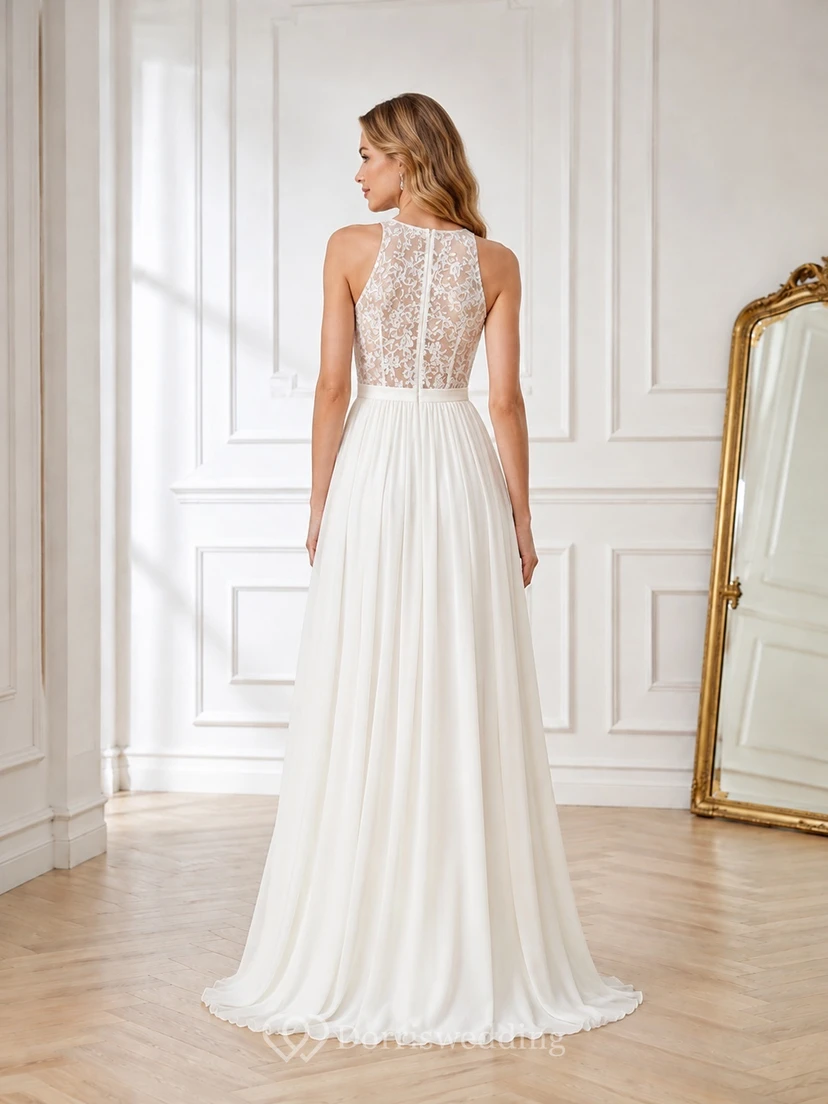 Ärmelloses, bodenlanges Brautkleid in A-Linie mit Schlitz und Spitzen-Tüllträgern view 2