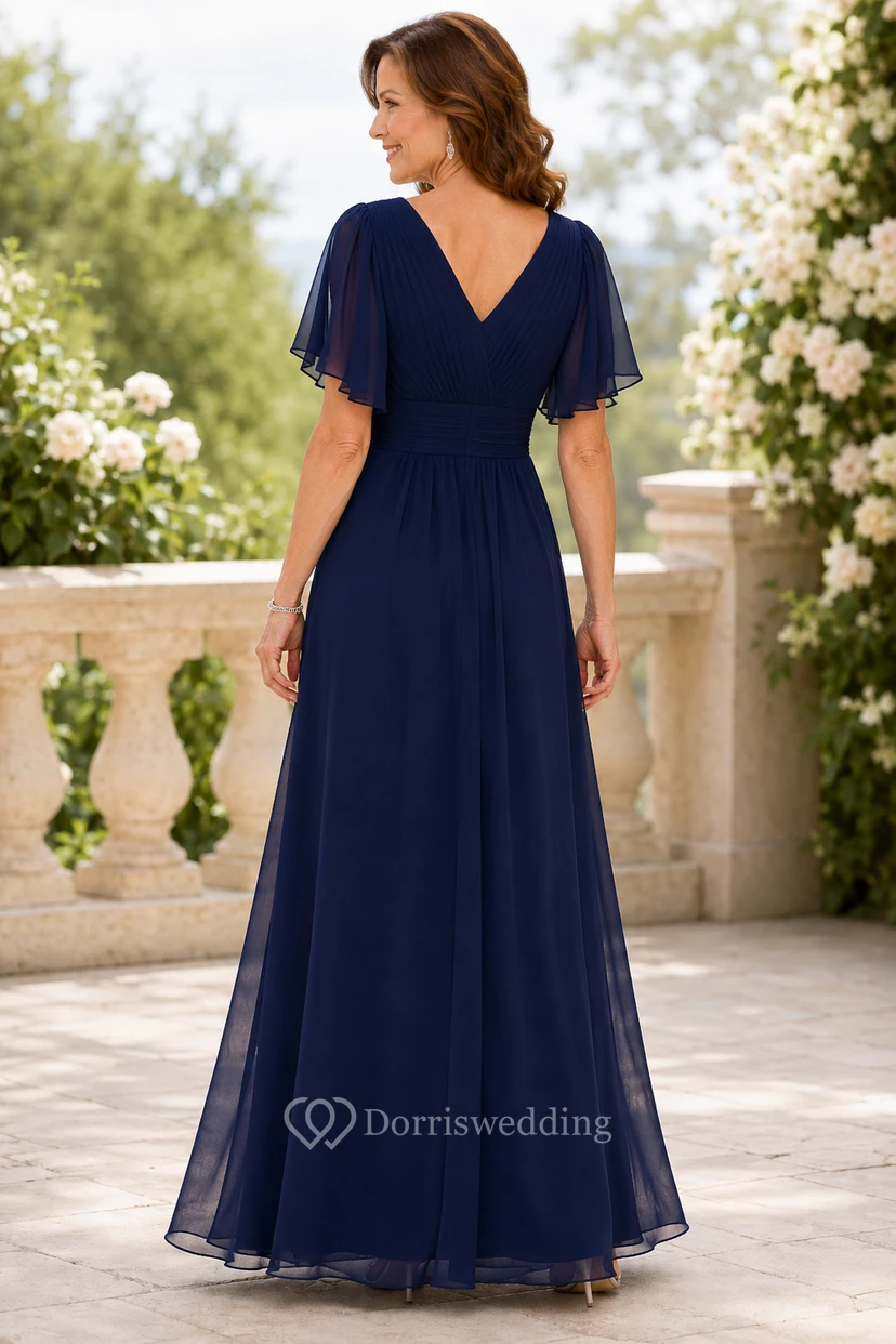 Robe mère bleu marine foncé en mousseline de soie, coupe trapèze, col en V et manches papillon view 2