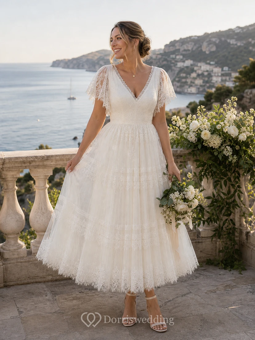 Teelanges Boho-Brautkleid mit flatternden Spitzenärmeln, V-Ausschnitt und gestuftem Tüllrock view 9