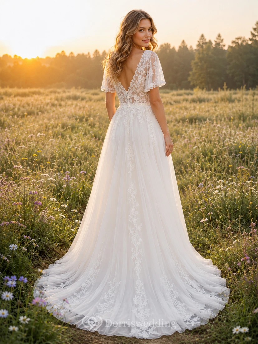 Flutter Sleeve Lace Bodice Wildflower Meadow Bridal Gown view 2