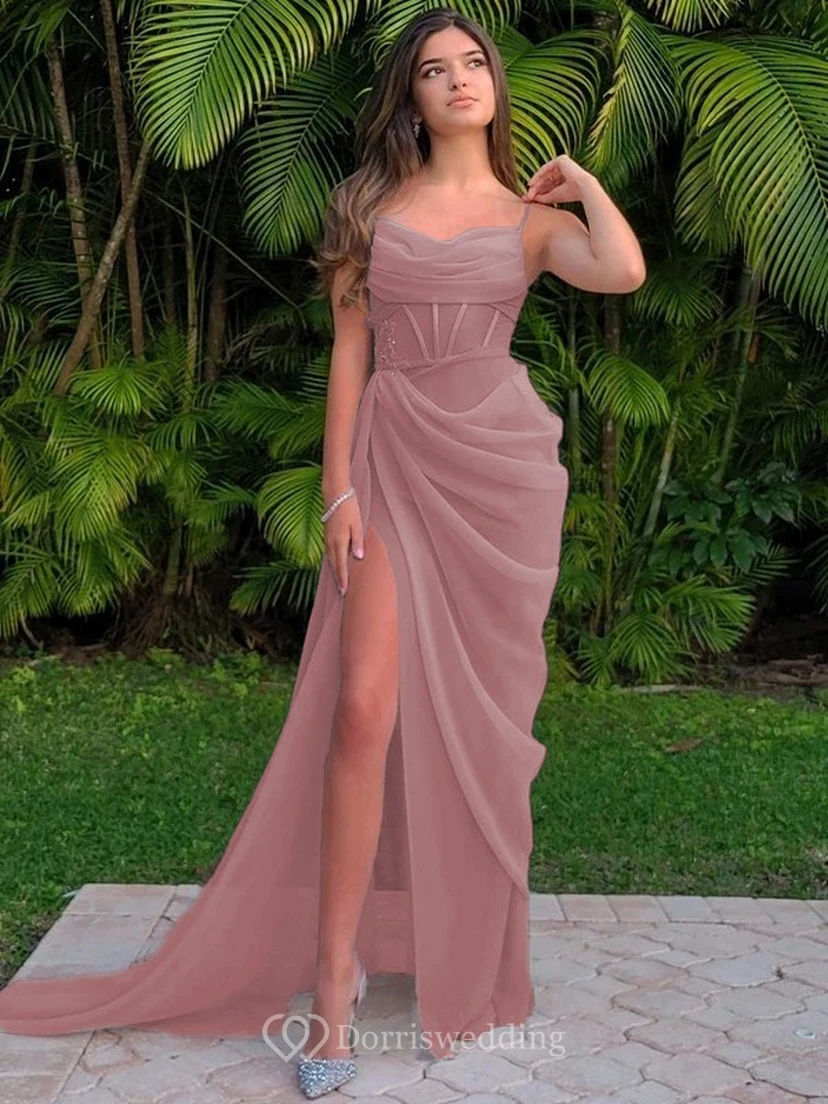 Spaghetti Ruched Sexy Front Split Sheath Side-ruched Prom Dress view 15