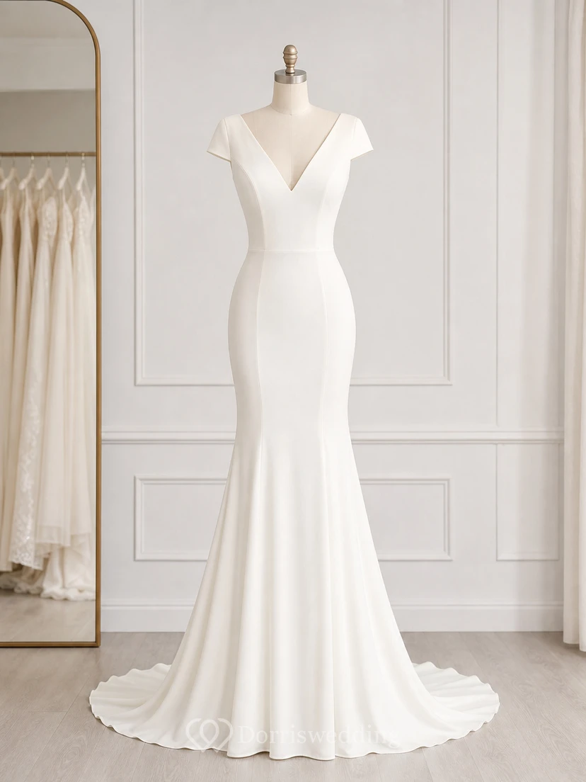 Robe de mariée sirène fourreau unie, col V simple et dos nu en dentelle. view 8