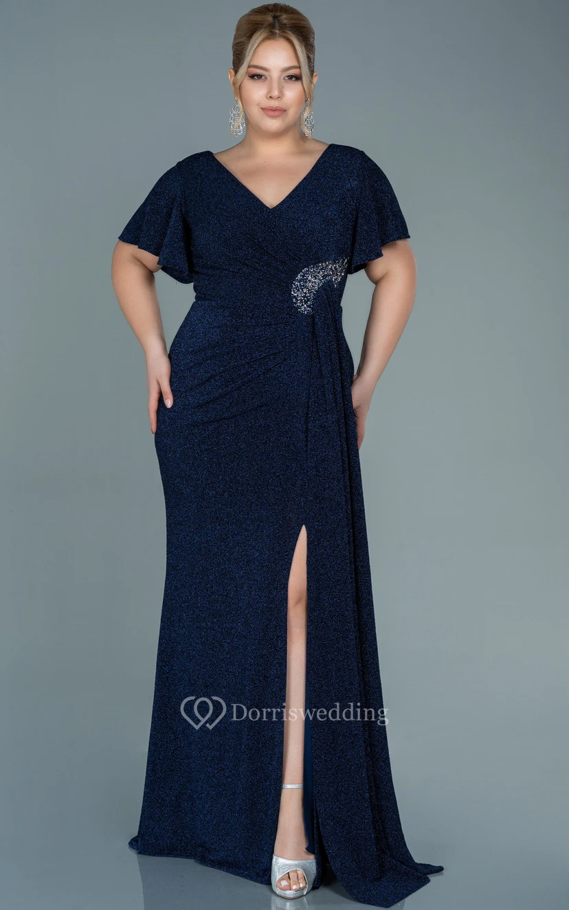 Poet-sleeve V-neck Sequin Ruched Slit Front Plus Size Evening Dress view 3