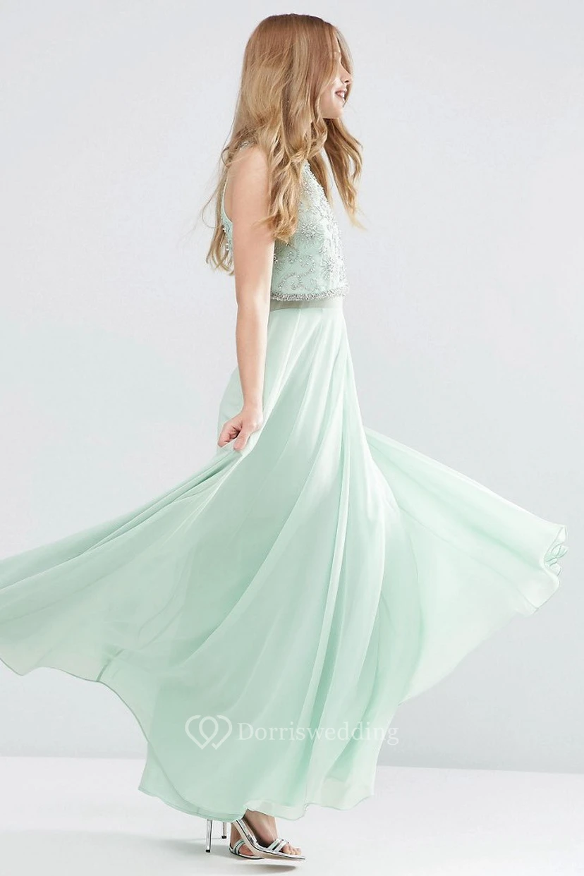 Ankle-Length Sleeveless Jewel Neck Beaded Chiffon Bridesmaid Dress With Pleats view 4