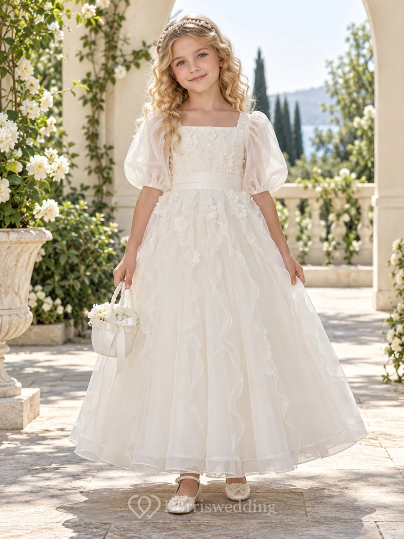 Square Neck Ivory A-line Lace Tulle Ankle-length Puff-sleeve Bow-back Flower Girl Dress