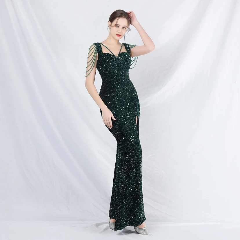 Ladies And Celebrities Formal Occasions Velvet-Bottomed Hand-Beaded Long Evening Dress view 49