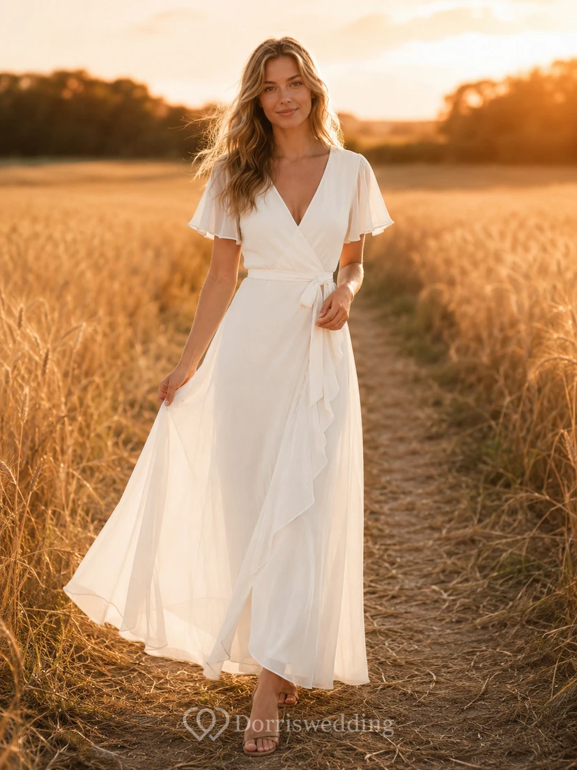 V Neck Flutter Sleeve Chiffon Field Engagement Photo Dress